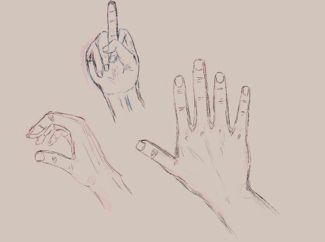 Zeichnung von Händen in verschiedenen Positionen mit durchscheinenden roten Skizzen. Zuerst eine Hand mit ausgestrecktem Mittelfinger mit der Handfläche zum Betrachter. Dann eine halb offene, greifende Hand und noch eine ausgestreckte flache Hand.