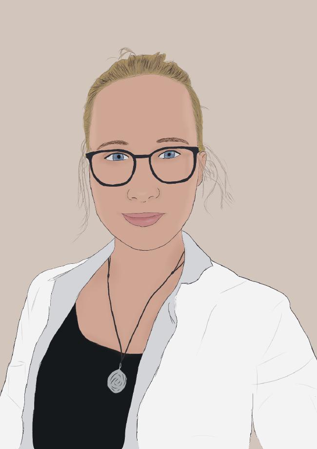 Zeichnung von mir. Einer weiblichen Person mit Haaren im Zopf, Brille und einem weißen Hemd.