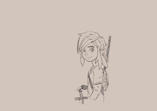 Drawing of a young link. A person with long hair, a sword in one hand and a shield and a stick on the back. Its a lineart drawing.