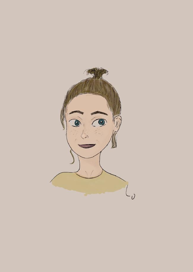 Colorierte Zeichnung eine weiblichen Person mit Haaren die in einem Zopf zusammengefasst sind.