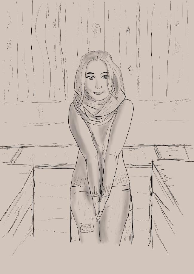 Lineart einer weiblichen Person mit langen glatten Haaren. Sie trägt einen voluminous Schal, einen Wollpullover und eine Jeans. Sie sitzt auf einer Holzkiste. Hier ist das Bild durch den grob skizzierten Raum aus Holzbrettern zu erkennen.