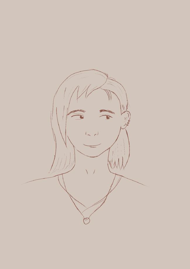 Zeichnung einer Person mit langen Haaren und einer Kette um den Hals.