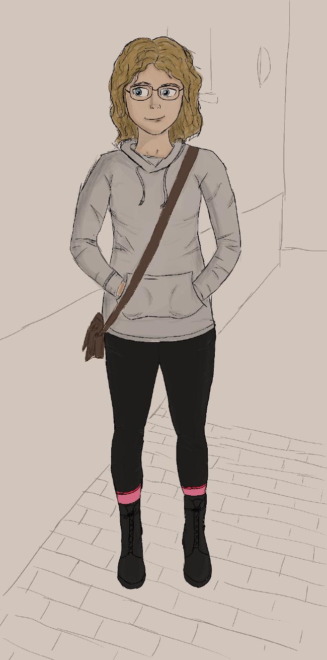 Colorierte Zeichnung einer weißen weiblichen Person mit blonden Locken und einer Brille. Sie trägt einen grauen Hoody, eine schwarze Leggings und schwarze Stiefel aus denen beerenfarbene Socken herausschauen. Sie hat eine Handtasche umgehängt und die Hände in der Bauchtasche des Hoody. Im Hintergrund ist noch etwas die Umgebung angedeutet.