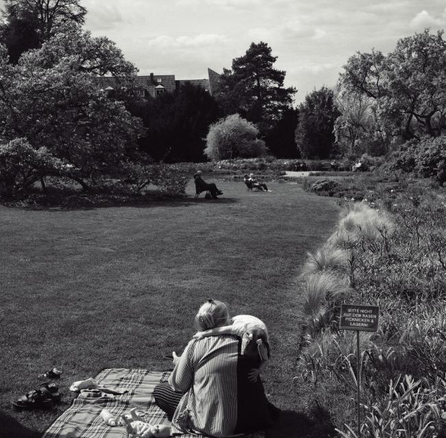 Fast quadratisches schwarz weiß Bild. Das Bild zeigt einen Park/Garten mit Beeten, Bäumen und einer großen Rasenfläche in der Mitte. Am Rand direkt im Vordergrund sitzt eine Person auf einer Picknickdecke und hat ein kleines Kind über der Schulter. Links daneben stehen ein paar Schuhe und Rechts am Rande der Fläche hin zu den Beeten ein Schild mit der Aufschrift: Bitte nicht auf dem Rasen picknicken & lagern. 