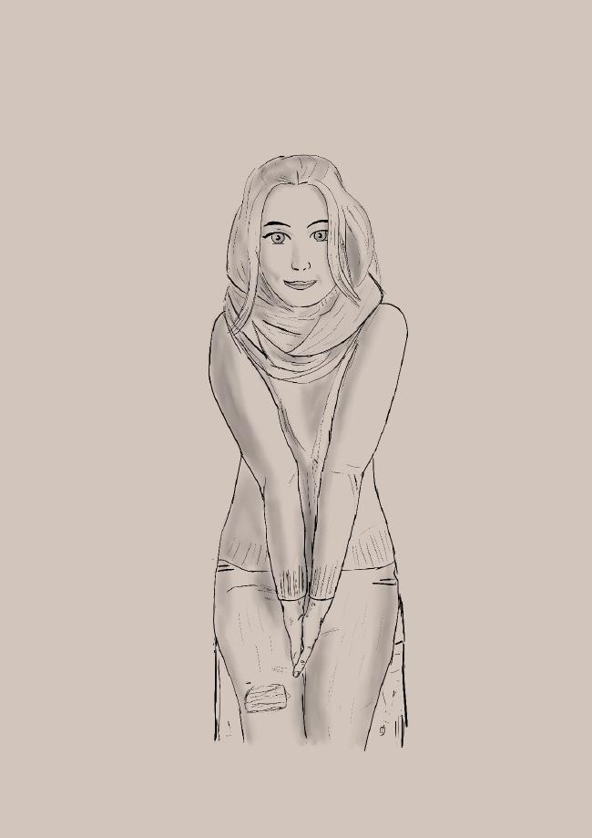 Lineart einer weiblichen Person mit langen glatten Haaren. Sie trägt einen voluminous Schal, einen Wollpullover und eine Jeans. Sie sitzt auf einer Holzkiste. Hier fehlen die Linien der Vorzeichnung.