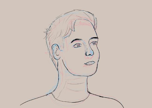 Zeichnung einer eher femininen Person mit relativ kurzen Haaren. Unter den schwarzen Outlines sieht man noch die Vorzeichnung in Rot und Blau