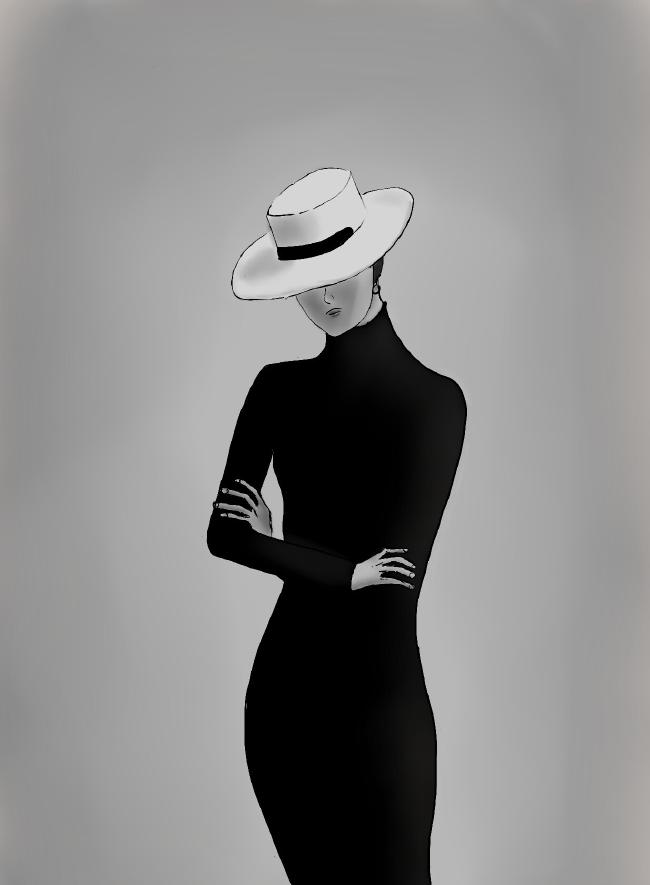 Zeichnung einer Frau mit einem tiefschwarzen langen, Körper betonten Kleid und verschränkten Armen. Sie trägt einen sehr hellen Hut der das Gesicht außer Nase und Mund verdeckt.  