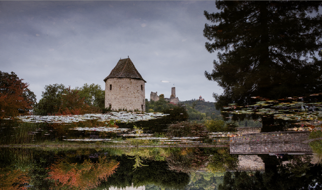 Farbbild im Landscape Format. Darauf zu sehen ist ein Teich mit Seerosen, orange-roten Büschen links und ein hoher abgeschnittener Baum rechts.In der Bildmitte etwas links sieht man einen Mittelalterlichen Turm und dahinter eine Burgruine und dahinter in klein noch eine kleine Fake Burg. Der Twist des Bildes ist, dass die ganzen oberen 2/3 eine super klare Reflexion im Teich sind und die Reflexion so nicht unbedingt sofort auffällt da die Übergänge sehr fließend sind. 