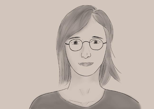 Zeichnung einer Person mit langen dunklen Haaren und einer runden Brille.
