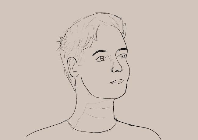 Zeichnung einer eher femininen Person mit relativ kurzen Haaren. 