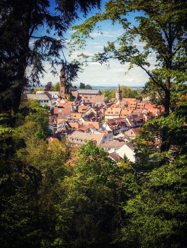 Hochkantaufnahme in Farbe. Blick auf einen alten Stadtkern mit teilweise verdeckter Kirche am Rand umrahmt von grünen Bäumen die aber ein fast rundes Loch lassen. Die dächer sind vornehmlich Rot, die Fassaden weiß. Im Hintergrund sieht man einen wenig bewölkten blauen Himmel.