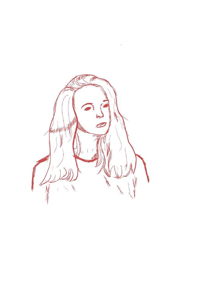 Dreiviertel Ansicht einer Person mit langen Haaren. Zeichnung in Rot 