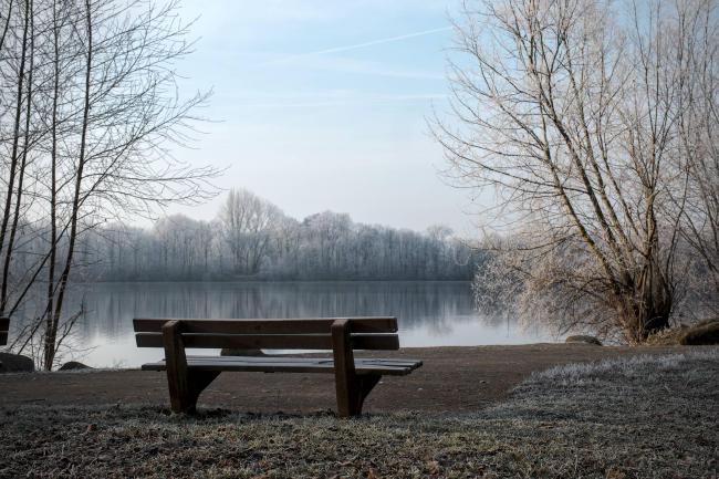 Farbbild im Landscape Format. Leicht links der Mitte steht eine leere Bank die von der Wiese dahinter fotografiert ist. Dahinter sieht man gerahmt von Bäumen links und rechts den See mit dem gegenüberliegenden Ufer an dem alles in weiß getaucht ist. Der Himmel ist diesig weiß und blau.