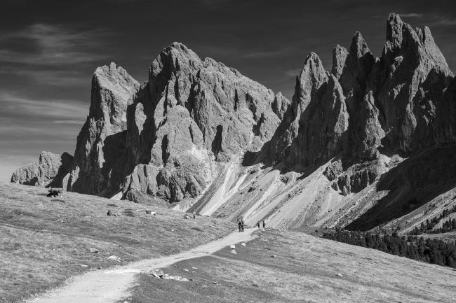 Schwarzweißbild im Landscap Format. Zusehen ist die ein breiter Wanderweg der sich von der linken unteren Bild-Ecke Richtung Bildmitte bewegt und dann hinter dem Hang der das untere Bilddrittel Diagonal ausmacht verschwindet. Kurz vor dem Abbiegen des Weges sind einige Personen auf dem Weg zu erkennen. Der Weg hebt sich hell von den Umliegenden Bergwiesen ab. Dahinter erhebt sich die imposante Geislergruppe zum Teil von der Sonne beschienen zum Teil im Tiefen Schatten. Der Himmel ist dunkel und zeigt nur einige feine Wolkenbänder.