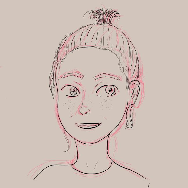 Lineart eine weiblichen Person mit Haaren die in einem Zopf zusammengefasst sind.