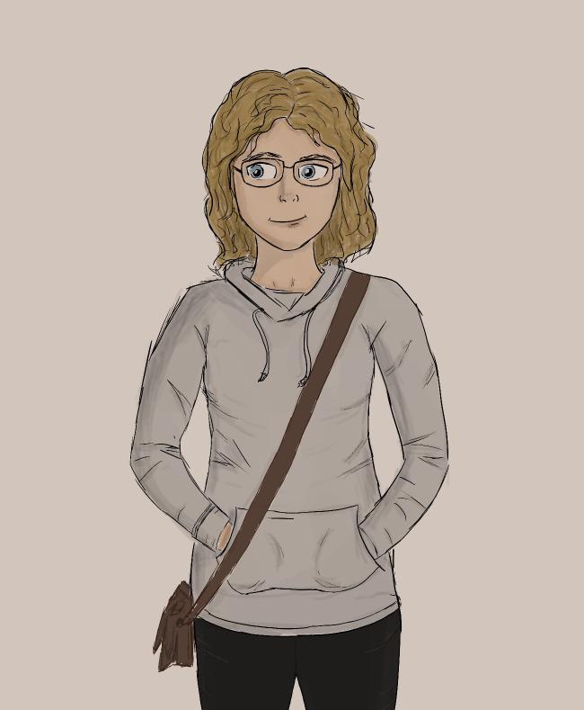Colorierte Zeichnung einer weißen weiblichen Person mit blonden Locken und einer Brille. Sie trägt einen grauen Hoody und eine schwarze Leggings. Sie hat eine Handtasche umgehängt und die Hände in der Bauchtasche des Hoody.
