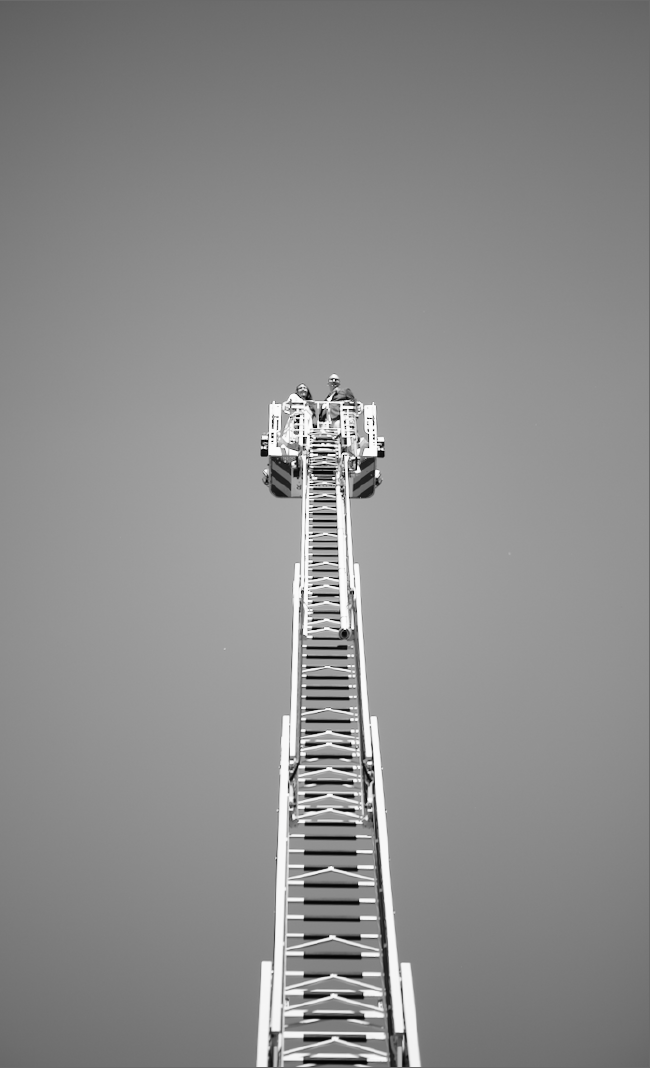 Ein Hochzeitspaar auf einer Feuerwehrleiter, das Bild ist schwarz weiß und der Hintergrund ist einförmig Grau.