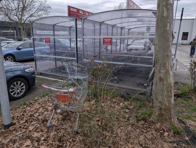 Schneller unsauberer Handy Schnappschuss in Farbe und im Landscape Format. Zu sehen sind drei unterschiedlich defekte Einkaufswägen in einer winzigen Grünfläche auf einem Parkplatz eines Rewe Supermarkts hinter der Behausung der noch funktionsfähigen Exemplare. Rechts ist ein Baum und dahinter ein Zebrastreifen zu sehen. Links einige Autos und noch ein Baum. Alles wirkt eher trostlos, auch weil der Himmel ziemlich grau in grau ist.