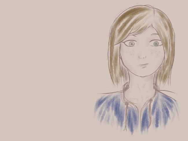 Zeichnung einer weiblichen Person mit dunkelblonden Haaren, grünen Augen, Sommersprossen und einer blauen Sweatshirt Jacke.