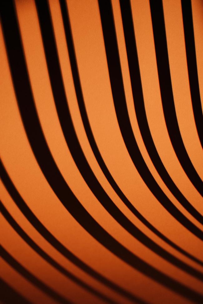 Farbbild im Hochformat. Zu sehen sind schwarze Streifen die sich mit orangen Streifen abwechseln. Die Linien bewegen sich von oben nach rechts unten und knicken sanft in einer Kurve etwas unterhalb der Mitte ein. Der untere Teil ist etwas dunkler vom orange her als der mittlere und obere Teil, außerdem wird er unscharf.