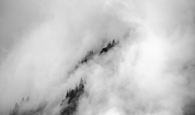 Eine Bergflanke die in Wolken eingehüllt ist. Nur an einigen wenigen Stellen schauen ein paar Bäume aus der Flanke. Das Bild ist in Schwarz Weiß aufgenommen.