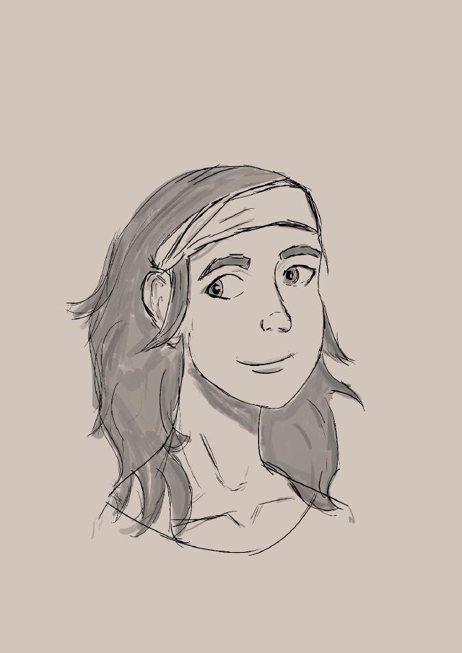 3/4 Portrait einer Person mit langen dunklen Haaren die durch ein Tuch über der Stirn zurückgehalten werden.