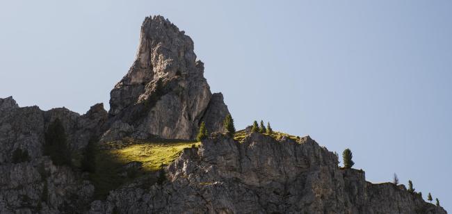 Farbbild ca. im 1:2 Format.  Man sieht eine höher als die Kamera gelegenen Bergwiese auf einem etwas größeren Felsvorsprung, die von der Sonne beschienen wird. Alles andere liegt im Schatten. Hinter der Wiese erhebt sich aber nochmal ein kleiner Gipfel. Der Himmel ist wolkenlos und seicht blau. Am Rand des Vorsprungs stehen ein paar kleine Nadelbäume.