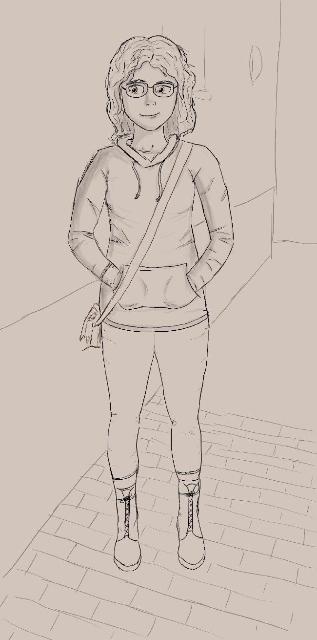 Lineart Zeichnung einer weiblichen Person mit Locken und einer Brille. Sie trägt einen Hoody, eine Leggings und Stiefel aus denen Socken herausschauen. Sie hat eine Handtasche umgehängt und die Hände in der Bauchtasche des Hoodys. Im Hintergrund ist noch etwas die Umgebung angedeutet.