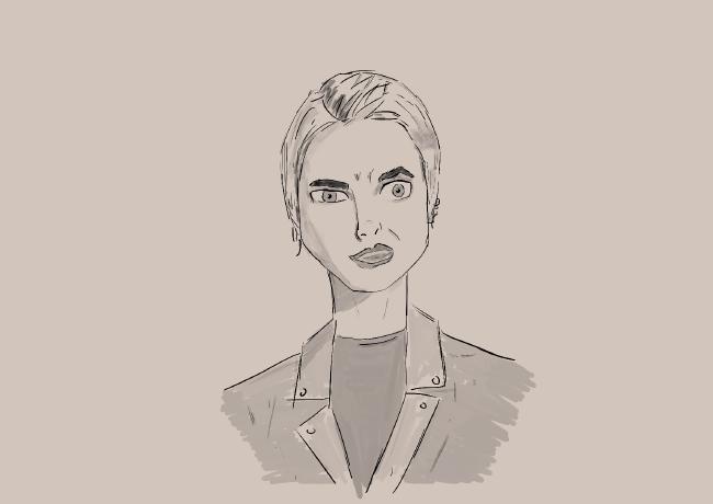 Zeichnung einer Frau mit kurzen Haaren die skeptisch drein-blickend eine Augenbraue erhoben hat.
