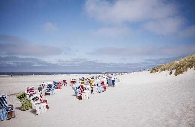 Farbbild im Landscape Format. Zu sehen ist ein Strand aus hellem feinen Sand der die komplette untere Hälfte des Bildes ausmacht. Rechts ist der Ausläufer einer mit Gras bedeckten Düne zu sehen. Von der Linken unteren Ecke zieht sich ein Band aus unterschiedlich ausgerichteten bunten Strandkörben hin Richtung Bildmitte. Auf den Strandkörben stehen außerdem große Nummern in Schwarz. Oberhalb der Bildmitte sieht man das Meer als dünnen dunkelblauen Streifen das dann in einen leicht bewölkten hellblauen Himmel übergeht.