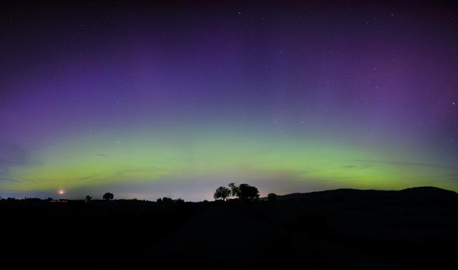 Panoramaaufnahme. Eher grüne Polarlichter über einen im schwarz getauchten Feld mit einigen silhouettenhaft sichtbaren Bäumen. Rechts ist der Odenwald erkennbar