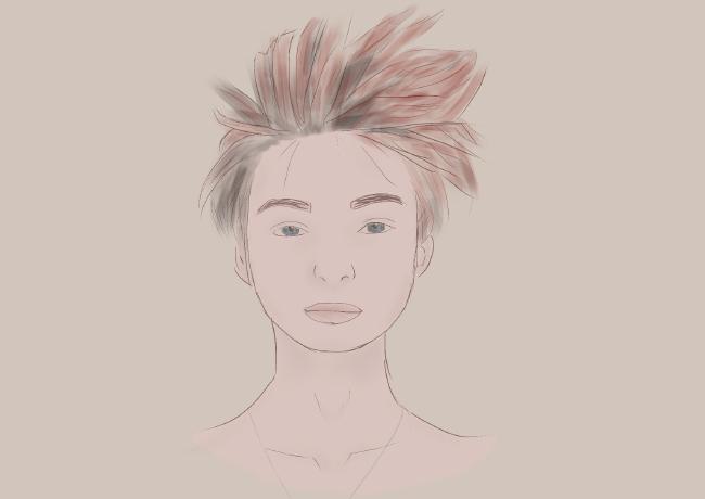 Zeichnung einer femininen Person mit rot-schwarzen Haaren und heller Haut
