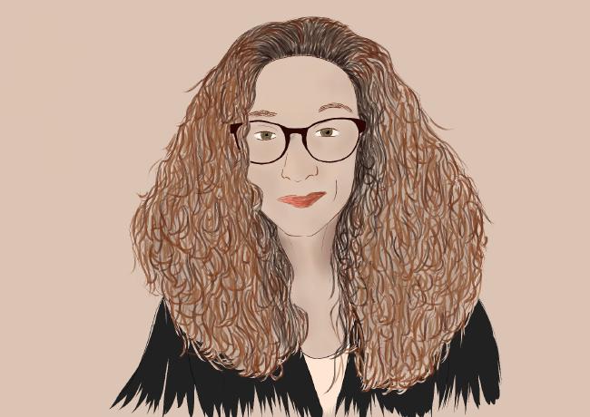 Kolorierte Zeichnung einer femininen Person mit langen lockigen Haaren und einer Brille.