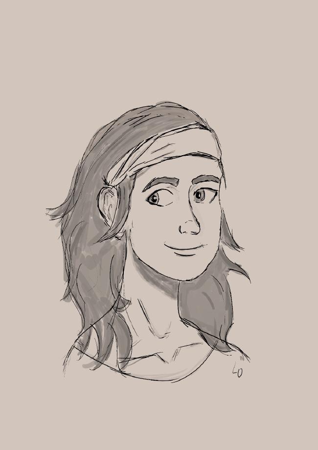 3/4 Portrait einer Person mit langen dunklen Haaren die durch ein Tuch über der Stirn zurückgehalten werden. Jetzt aber mit deutlich besser passendes Proportionen.