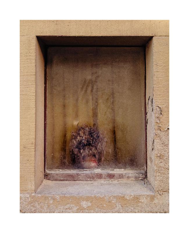 Farbbild im Hochformat mit breitem weißem Rahmen. Zu sehen ist ein Fenster das in einer beigen Sandstein Einfassung sitzt. Unten und rechts blättert Farbe ab. Die Fensterbank außen ist voller Staub und Steinabrieb. Der ehemals rote Rahmen dreckig und nur noch zu erahnen. Darin eine dreckige scheibe und dahinter ein Blumenstrauß mit lila Trockenblumen die auch schon mal besser aussahen in einem Roten Topf. Dahinter ein gelbbeiger Vorhang.