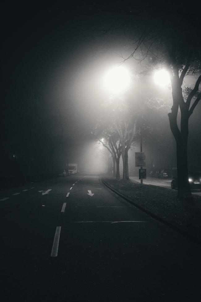 Schwarz-weiß Bild im Portrait Format. Blick über eine zweispurige Straße entgegen der Fahrtrichtung. Ein Pfeil zeigt direkt auf den Betrachter. Links sind ein paar geparkte Autos im Hintergrund zu erkennen. Rechts stehen auf einem Mittelstreifen Bäume abwechselnd mit Laternen deren Licht stark diffus gestreut wird da alles im Hintergrund immer mehr im Nebel verschwindet. Hinter einem Baum und am rechten Straßenrand sind ein paar weitere Autos im Schatten zu erkennen.