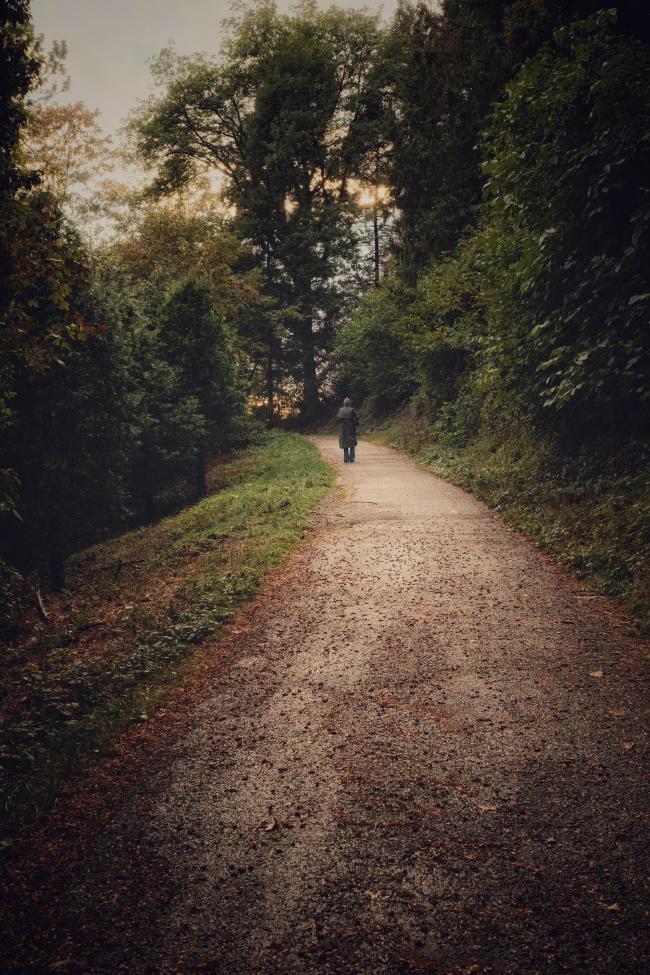 Ein Mensch mit grauem Mantel auf einem Waldweg.