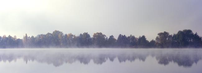 Panoramic view over a sea with rising mist. In the background you can see trees in all colors of autumn. The sky is also grey from mist.