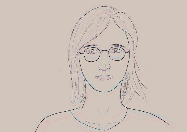 Zeichnung einer Person mit langen dunklen Haaren und einer runden Brille.