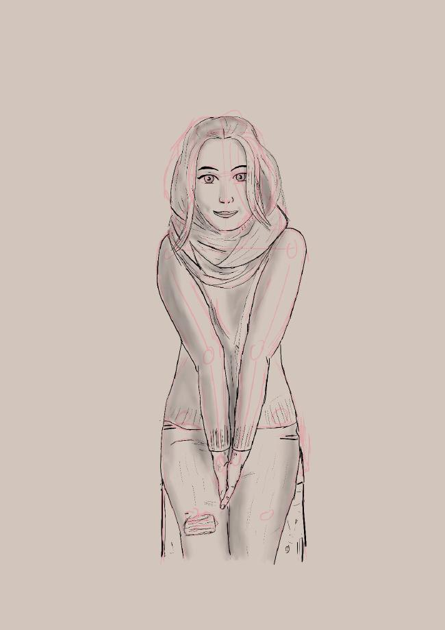 Lineart einer weiblichen Person mit langen glatten Haaren. Sie trägt einen voluminous Schal, einen Wollpullover und eine Jeans. Sie sitzt auf einer Holzkiste. Man sieht noch die roten Linien der Vorzeichnung.