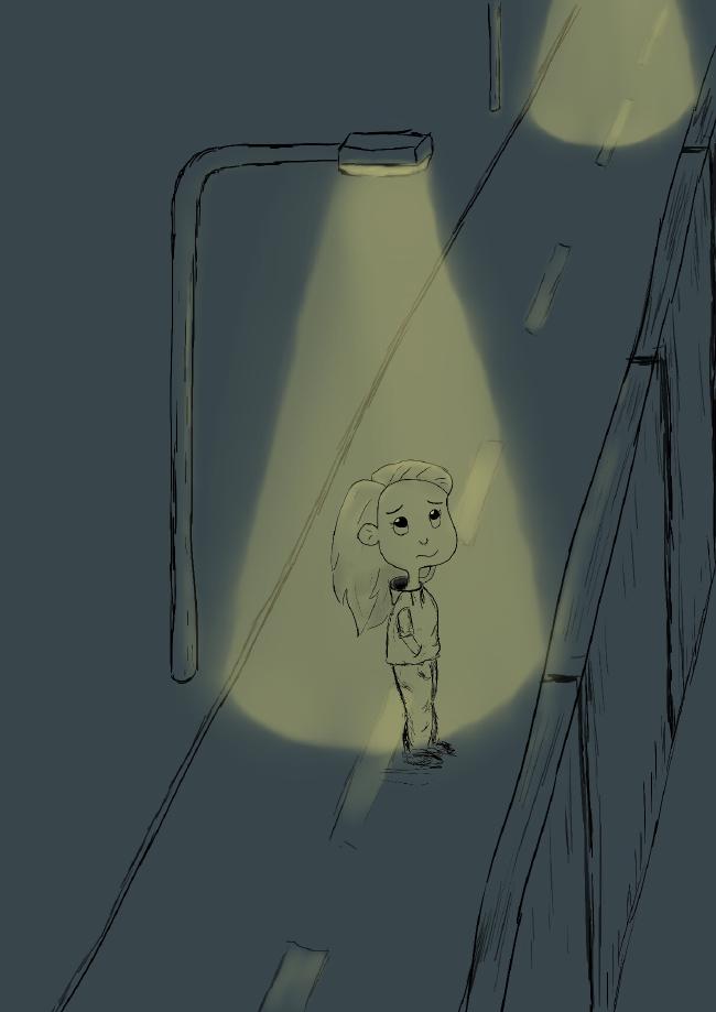 Zeichnung einer Szene in der Nacht. Eine weibliche Person mit langen Haaren steht auf einer Straße im Licht einer Laterne. Sie guckt etwas verunsichert und leicht unglücklich nach oben bzw in Richtung einer Mauer die das Gebiet direkt neben der Straße abtrennt.